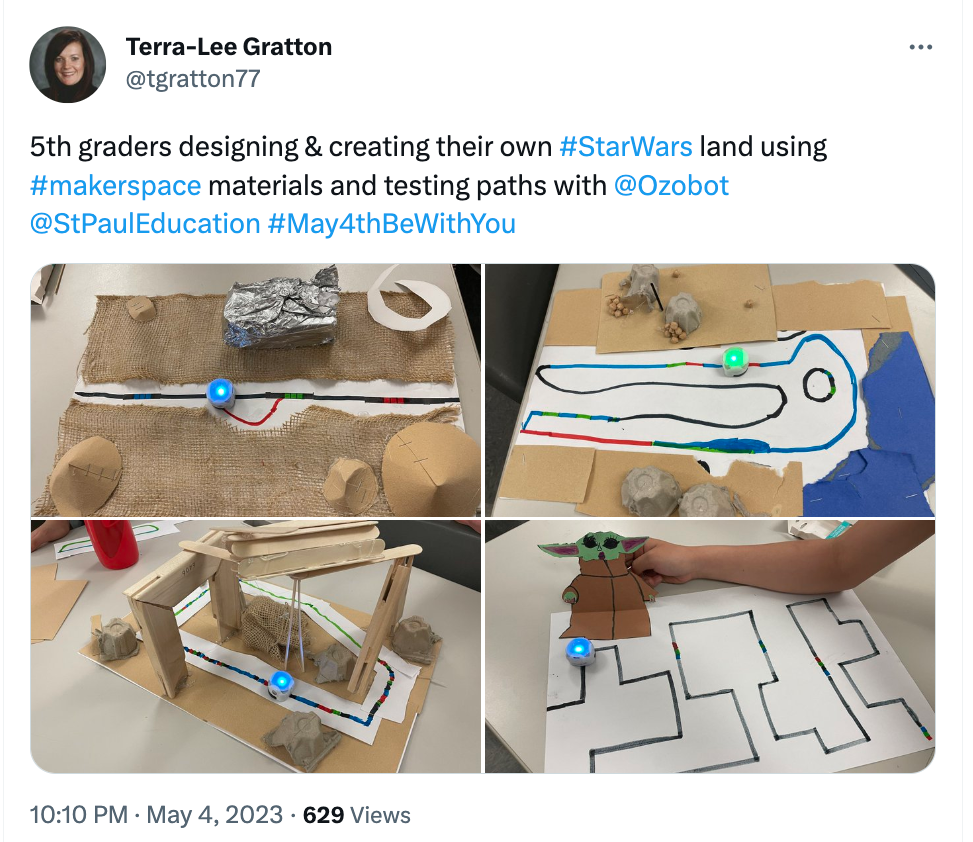 Lessons in the classroom: a collage of pictures showing students creating their own Star wars land for Evo to travel through