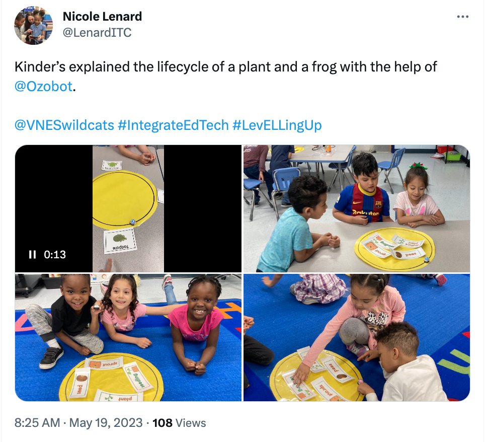 A collage of picture showing kindergarten students explaining the lifecycle of a plant and frog with he help of Evo