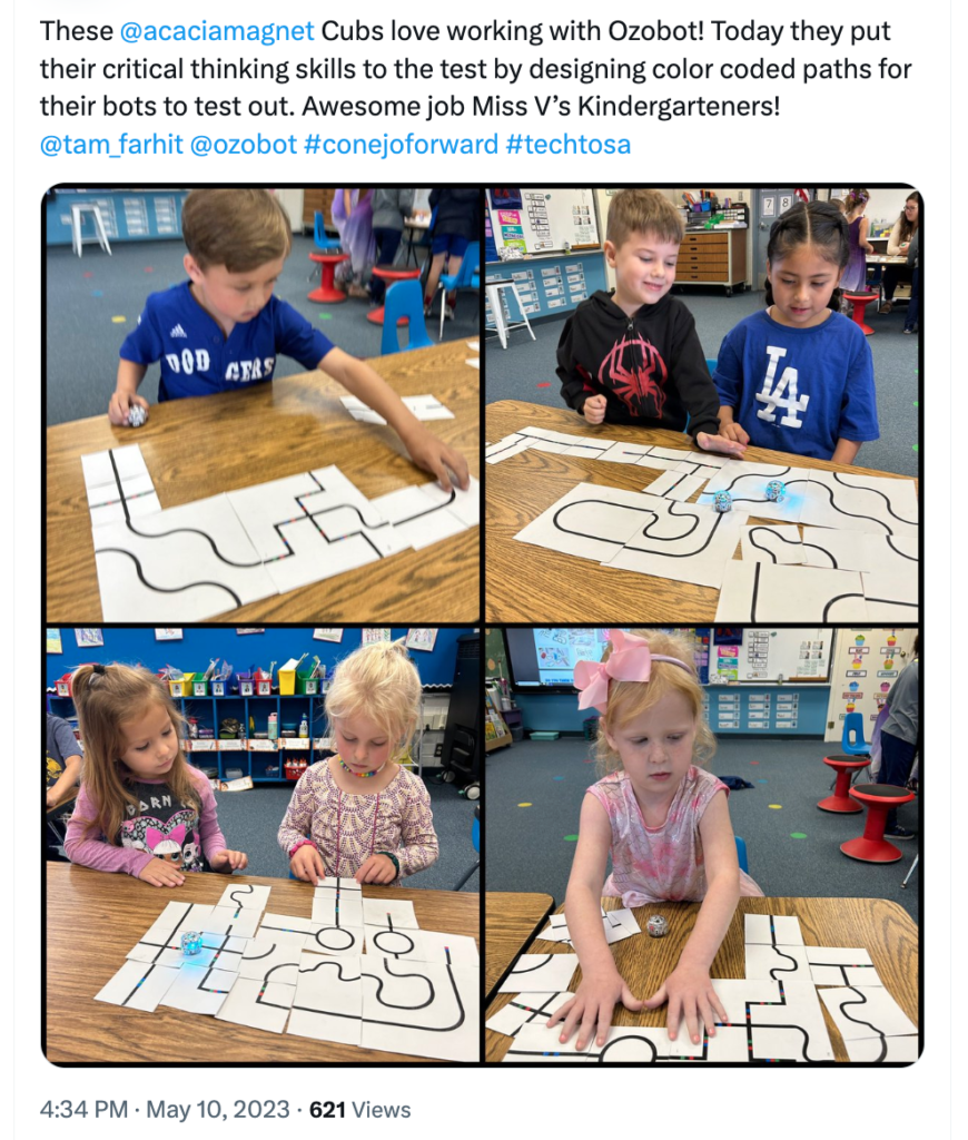 A collage of four images showing kindergarten students working together on Ozobot projects.