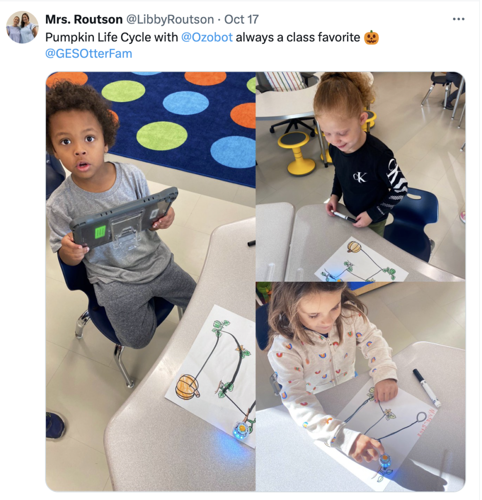 A collage of students who coded their Ozobot to travel through each pumpkin lifecycle stage