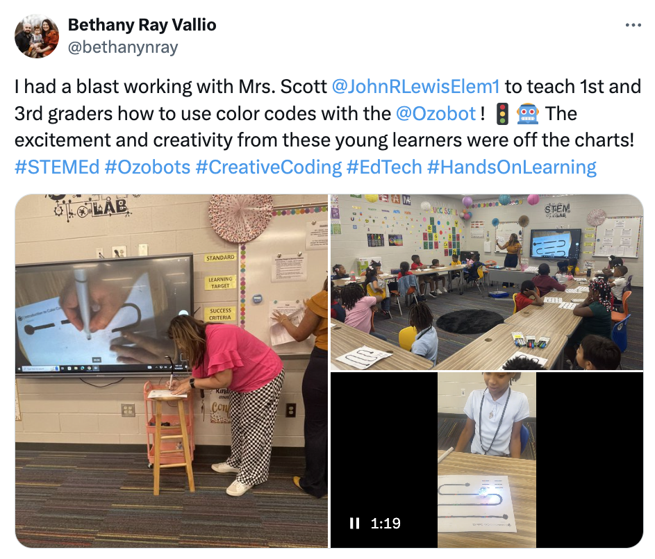 A photo collage of students learn how to use color codes with Ozobot