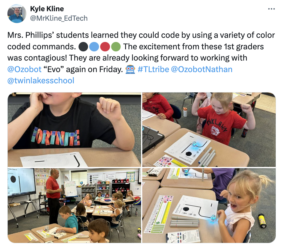 A photo collage of first grade students using color coded commands fort he first time