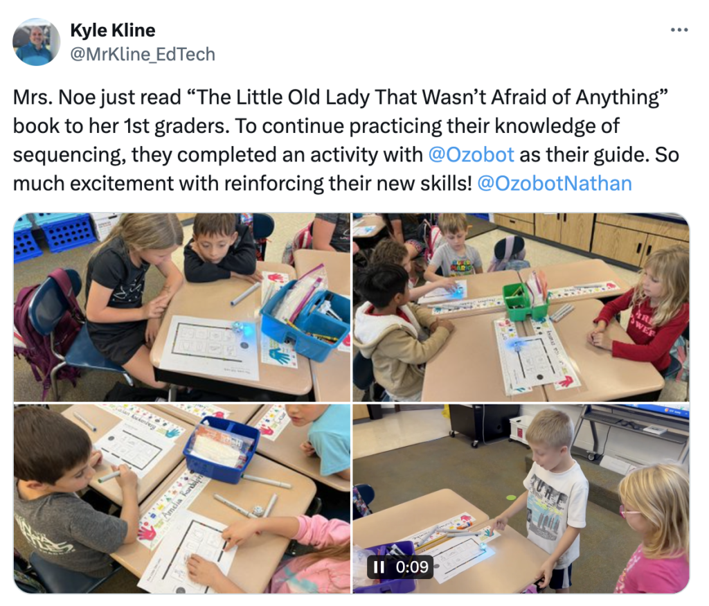 A collage of 4 images showing first grade students practicing sequencing