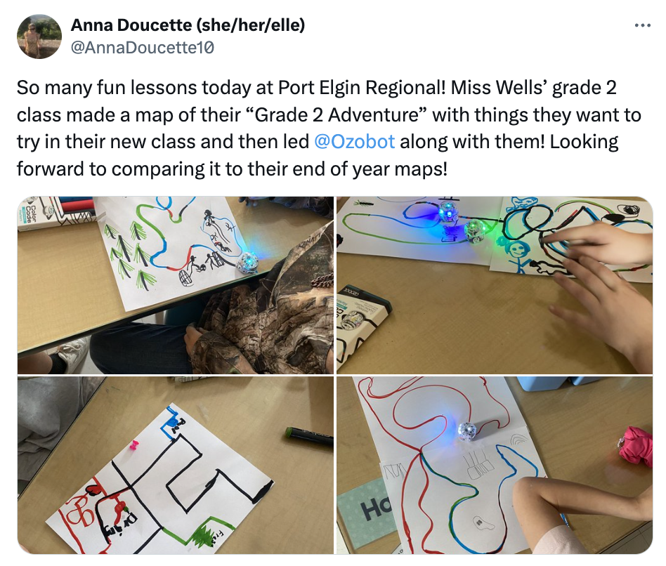 A photo collage of 4 pictures showing second grade students create a map for Ozobots to travel along