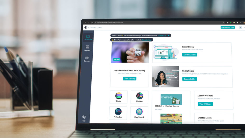 Ozobot classroom intuitive dashboard for updates, lessons and webinars for teachers