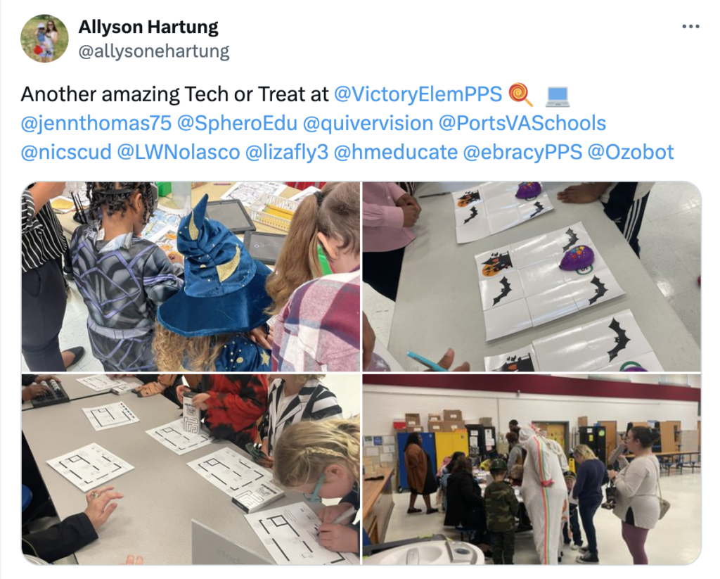 A collage of four images showing a classroom at Tech-or-Treat event