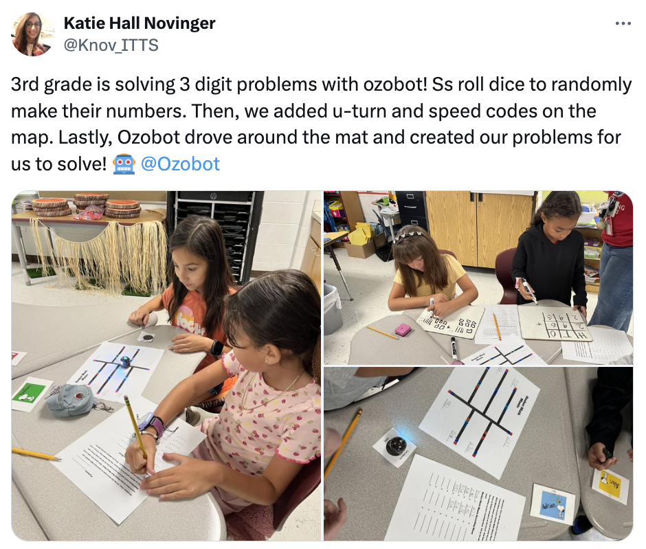 A photo collage of third grade students solving 3 digit problems using programmable robots